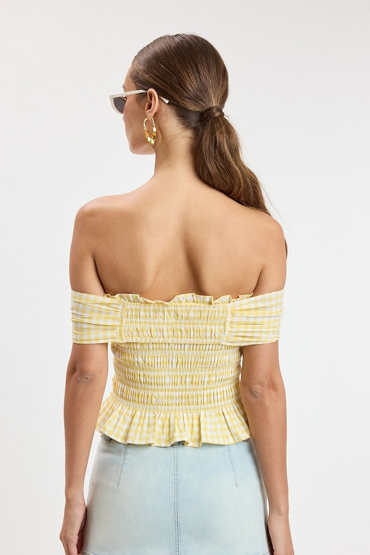 CHECKER PRINT OFF SHOULDER TOP