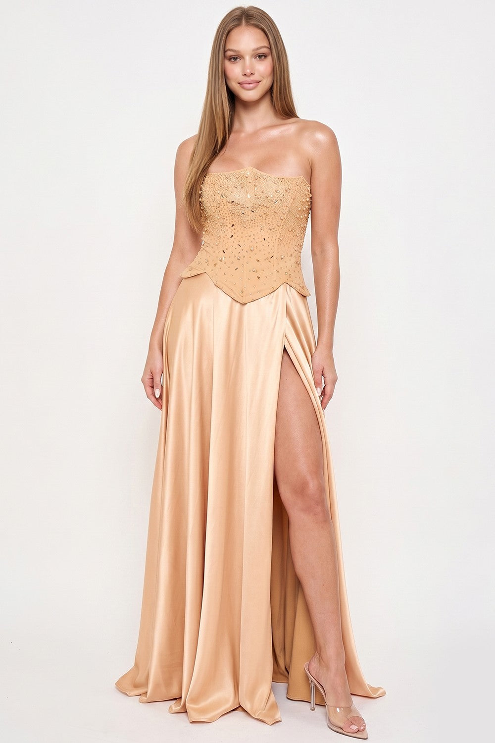 GRADATION RHINESTONE TOP WITH SATIN SKIRT MAXI DRESS