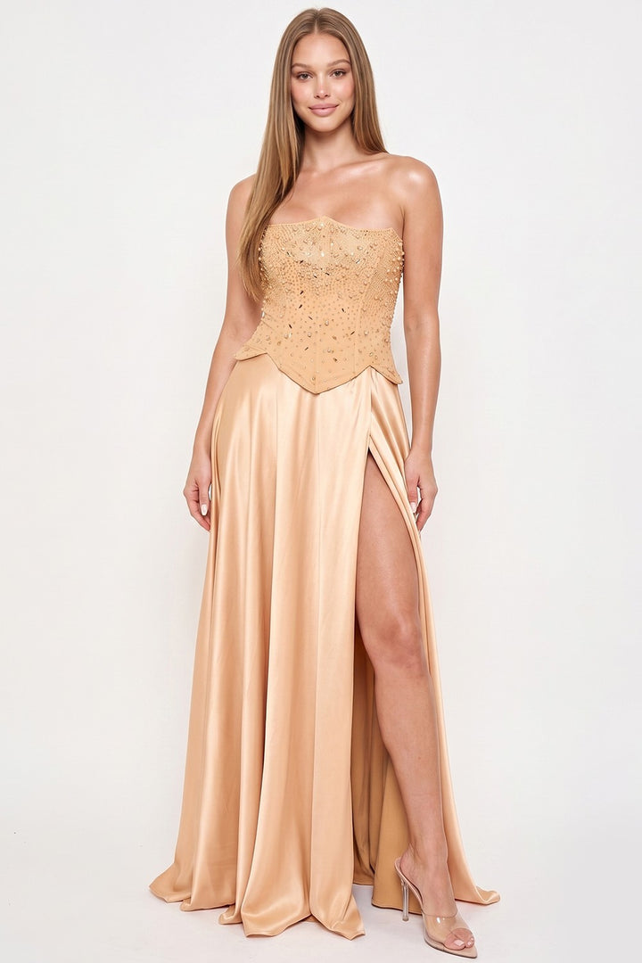 GRADATION RHINESTONE TOP WITH SATIN SKIRT MAXI DRESS