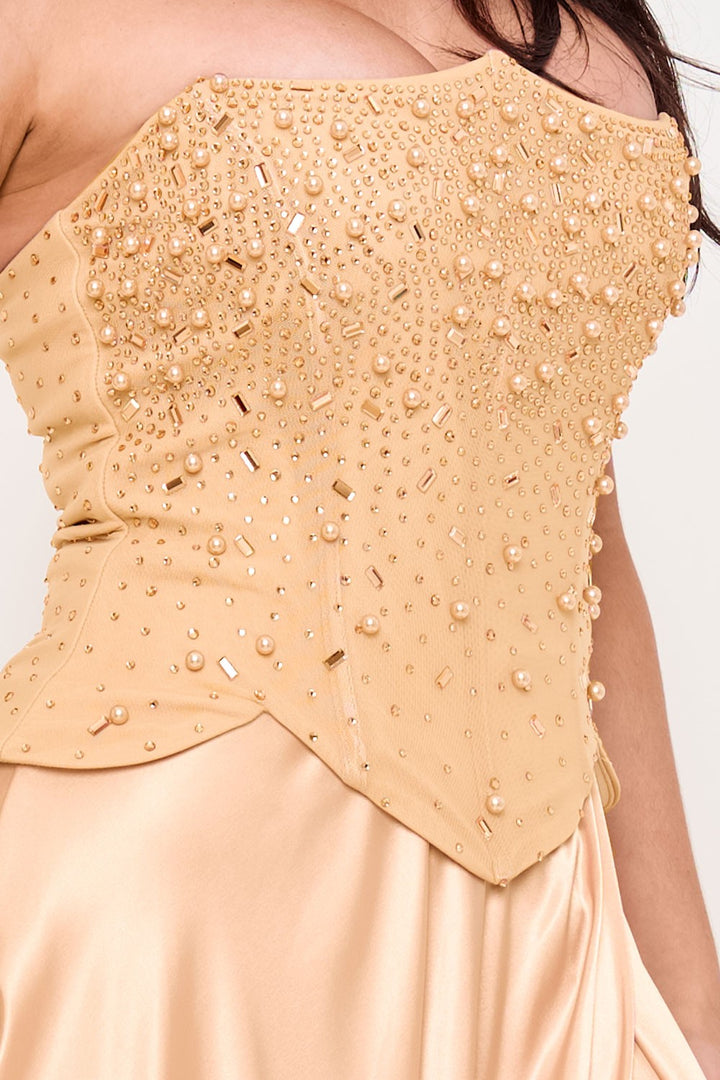 GRADATION RHINESTONE TOP WITH SATIN SKIRT MAXI DRESS