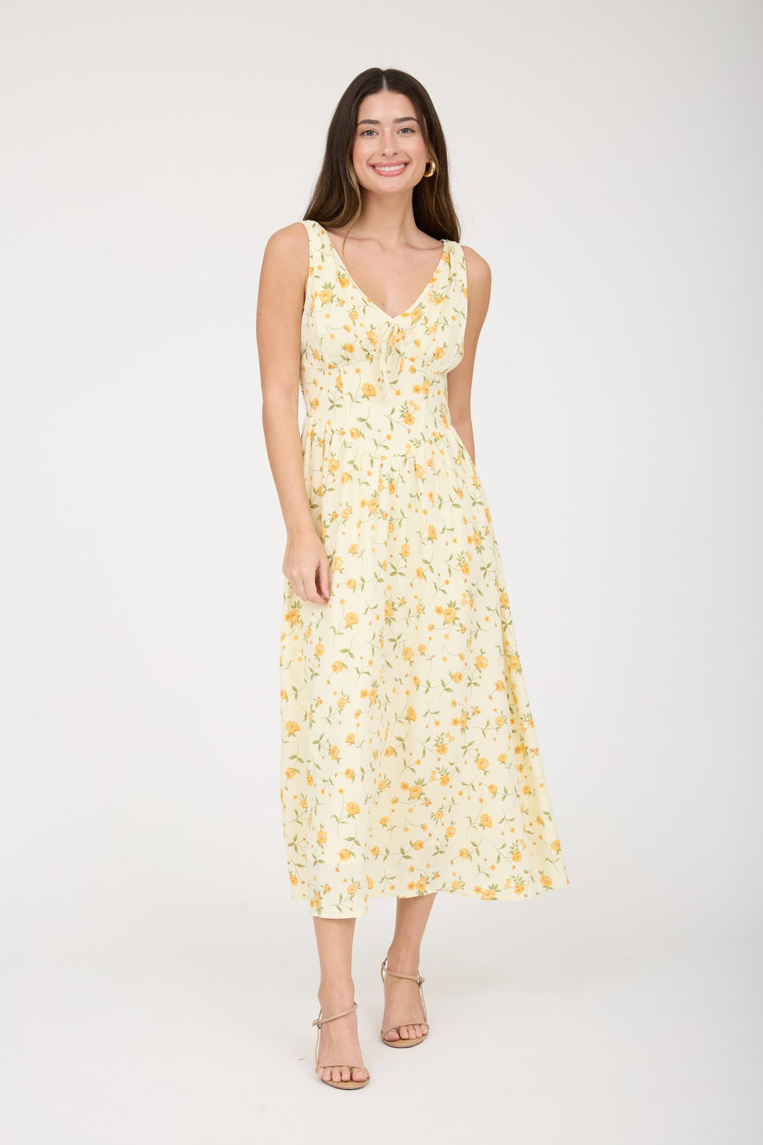 YELLOW FLORAL MIDI DRESS S