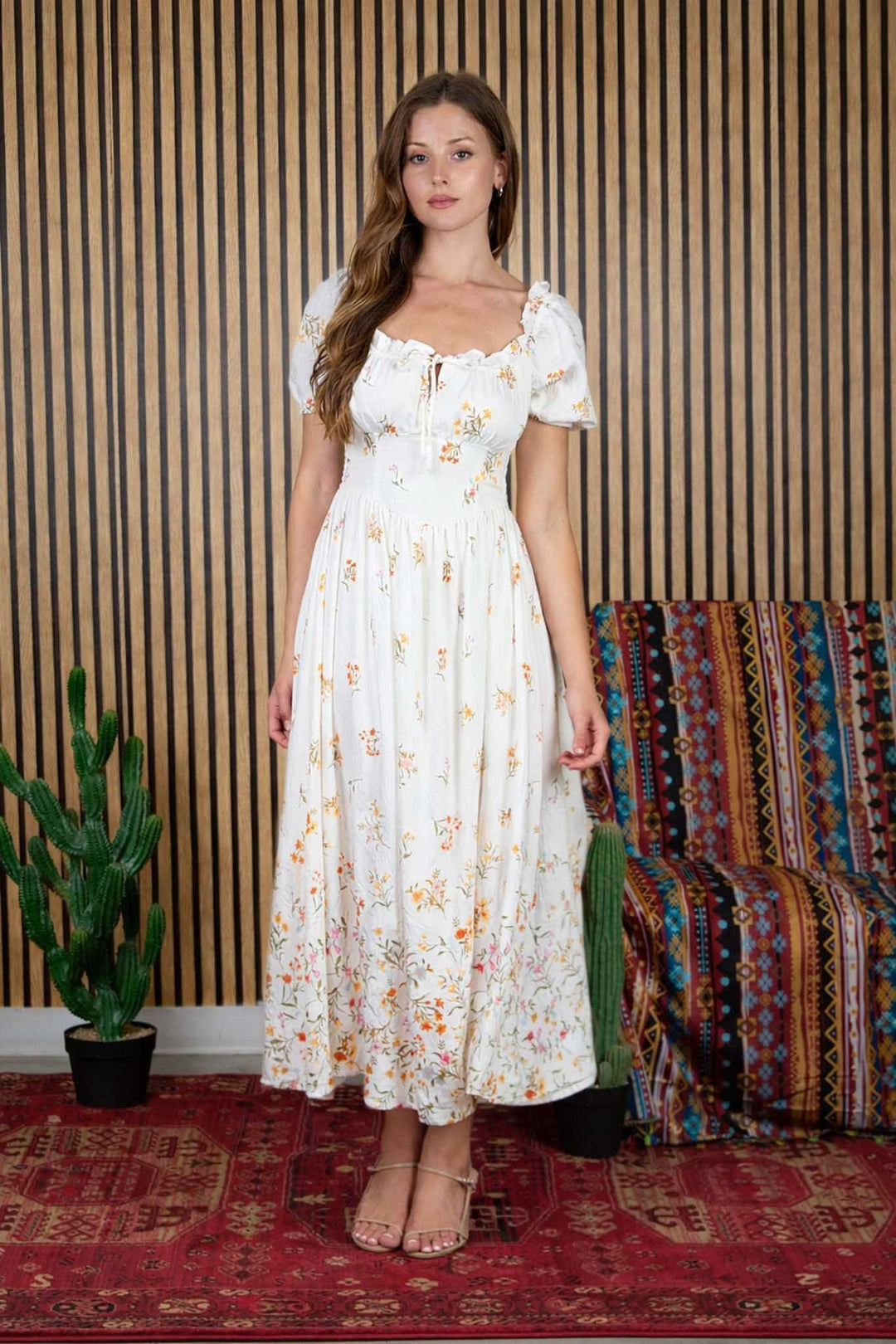FALLING FLORAL PUFF SLEEVE CORSET MIDI L