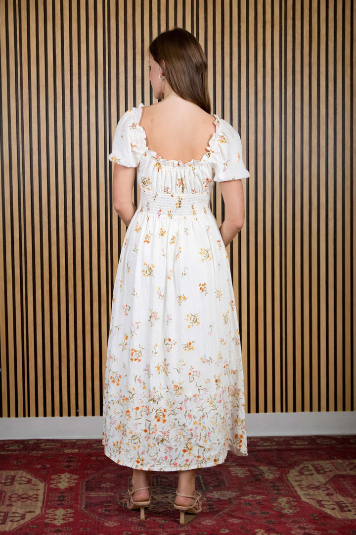 FALLING FLORAL PUFF SLEEVE CORSET MIDI