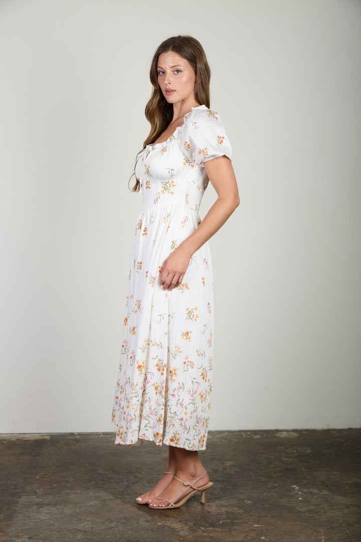 FALLING FLORAL PUFF SLEEVE CORSET MIDI