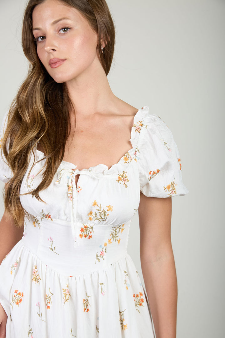 FALLING FLORAL PUFF SLEEVE CORSET MIDI