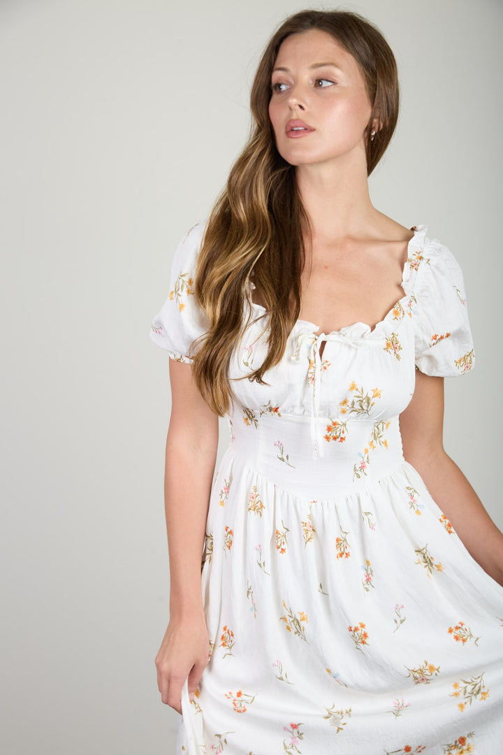 FALLING FLORAL PUFF SLEEVE CORSET MIDI