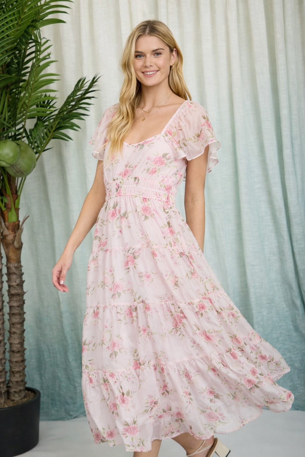 FLORAL CHIFFON MIDI DRESS S
