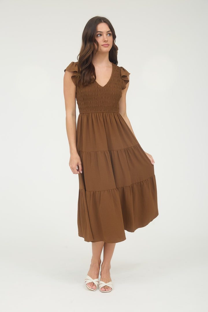 FLUTTER SLEEVE MIDI DRESS