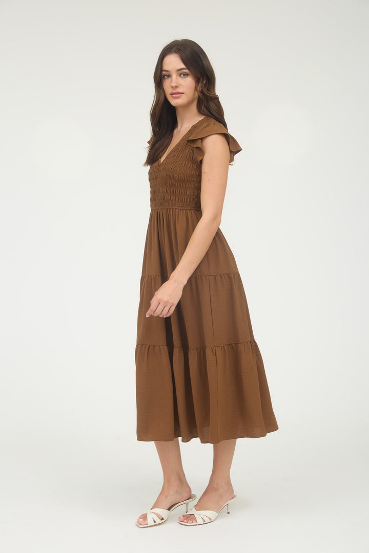 FLUTTER SLEEVE MIDI DRESS