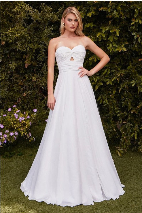 SATIN STRAPLESS FIT AND FLARE GOWN