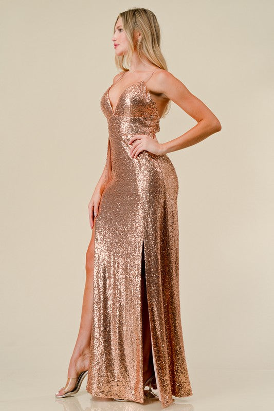 SEQUIN CROSSED BACK SPLIT MAXI DRESS