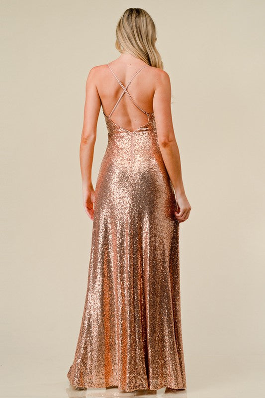 SEQUIN CROSSED BACK SPLIT MAXI DRESS
