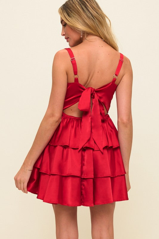 SATIN TIE BACK TRIPLE LAYER FIT AND FLARE DRESS