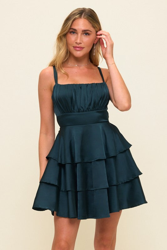 SATIN TIE BACK TRIPLE LAYER DRESS