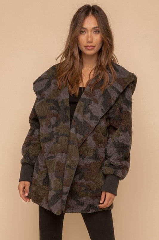 SO SOFT CAMO PRINT FUR OPEN SHERPA JACKET