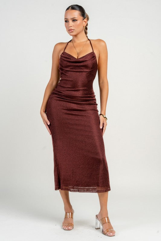 HALTER NECK STRAP COWL FRONT FLARE MAXI DRESS