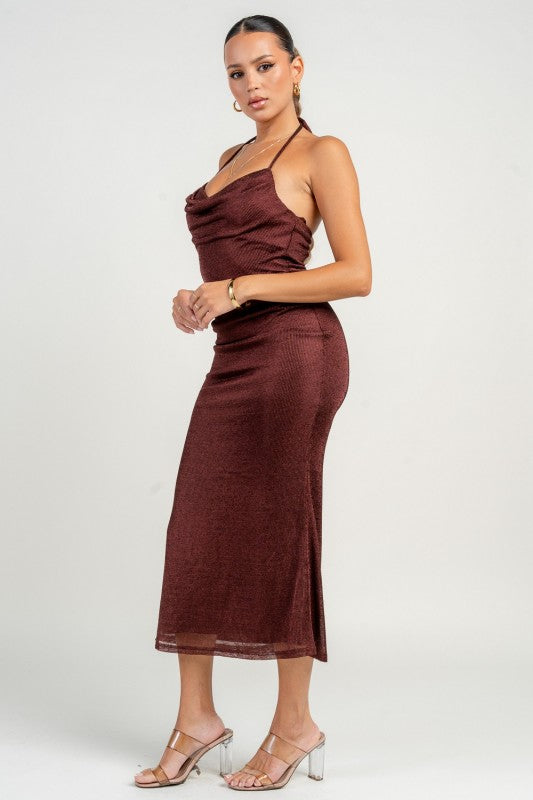 HALTER NECK STRAP COWL FRONT FLARE MAXI DRESS