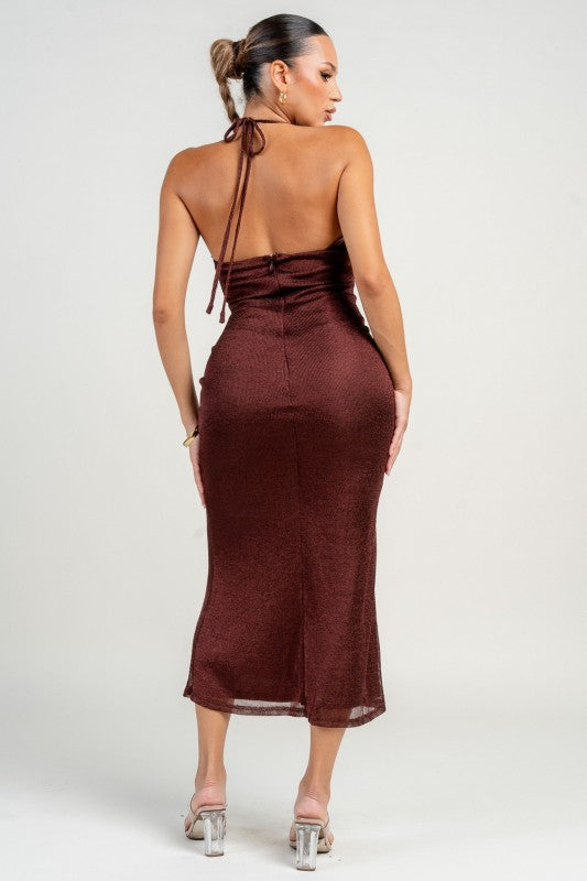 HALTER NECK STRAP COWL FRONT FLARE MAXI DRESS
