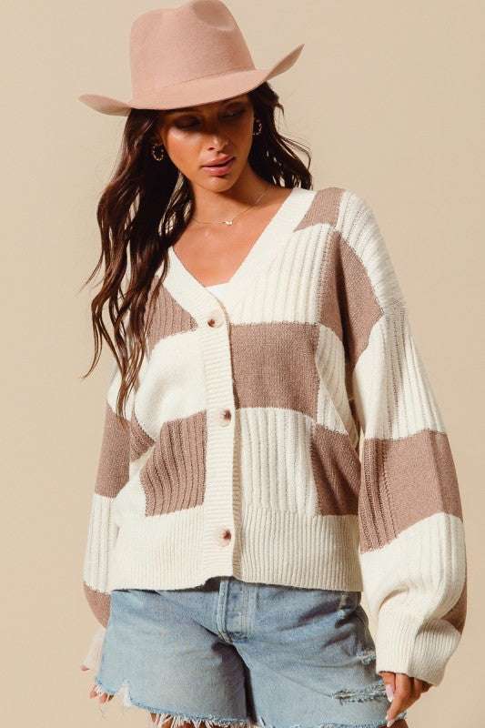 CHECKERED BUTTON FRONT TEXTURED SWEATER CARDIGAN