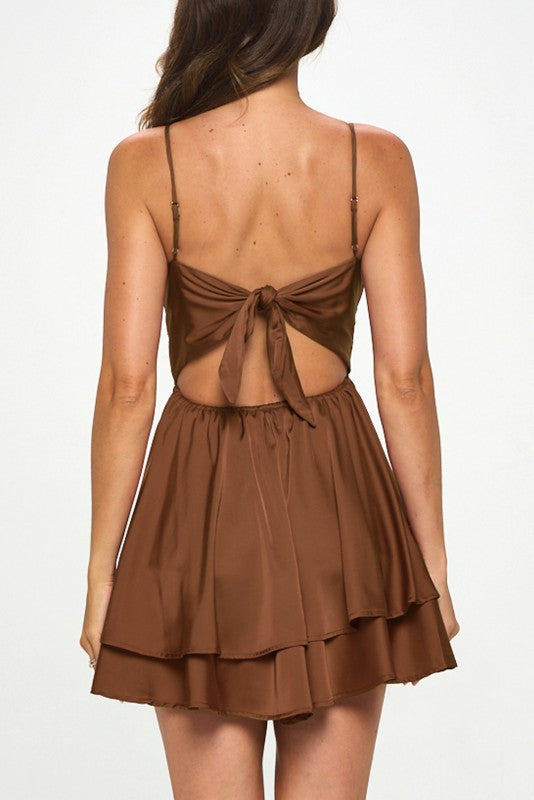 SATIN TIE BACK FIT AND FLARE DRESS