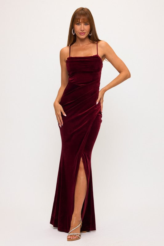 VELVET PLEATED MAXI DRESS