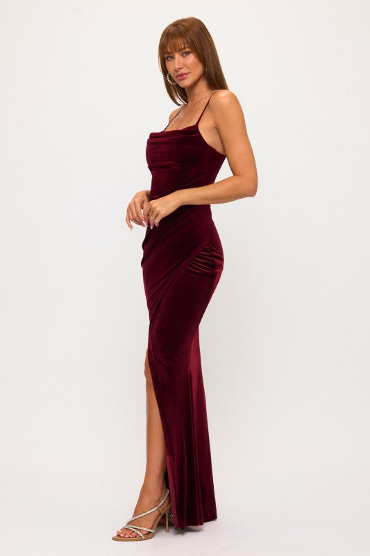 VELVET PLEATED MAXI DRESS