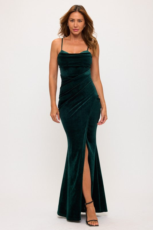 VELVET PLEATED MAXI DRESS
