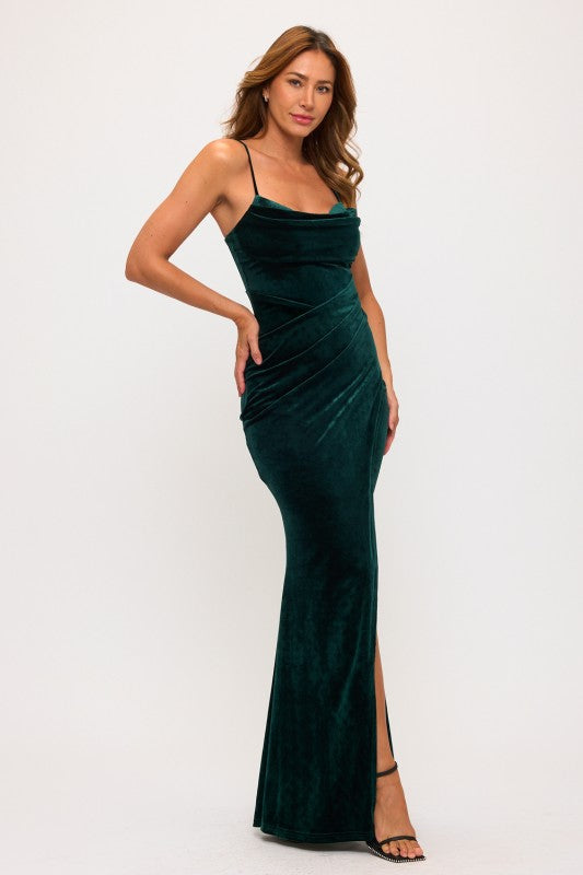 VELVET PLEATED MAXI DRESS