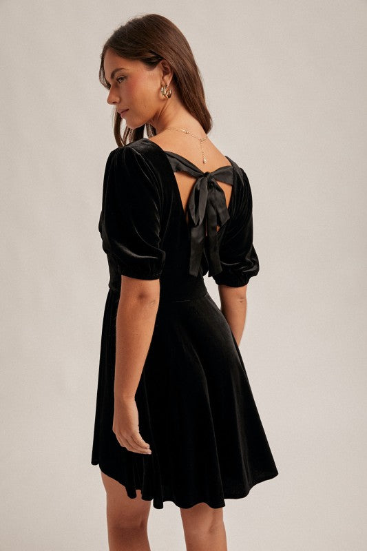 SQUARE NECK SATIN TIE BACK VELVET SKATER DRESS