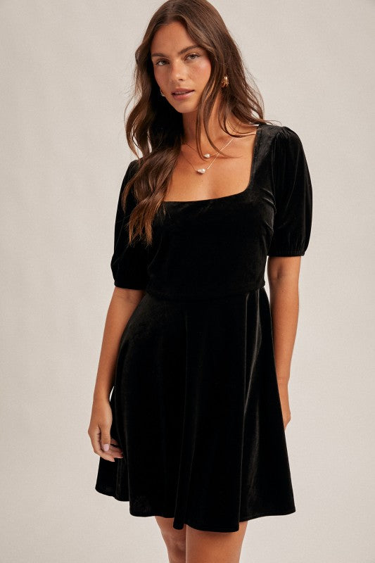 SQUARE NECK SATIN TIE BACK VELVET SKATER DRESS