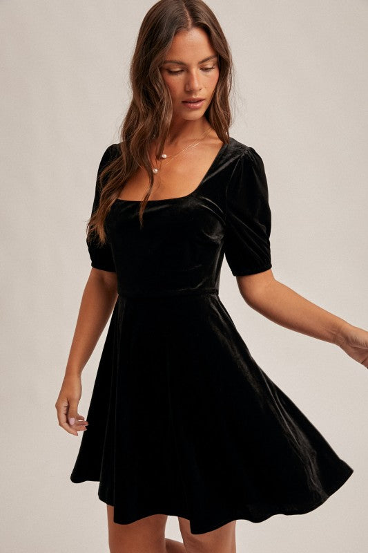 SQUARE NECK SATIN TIE BACK VELVET SKATER DRESS