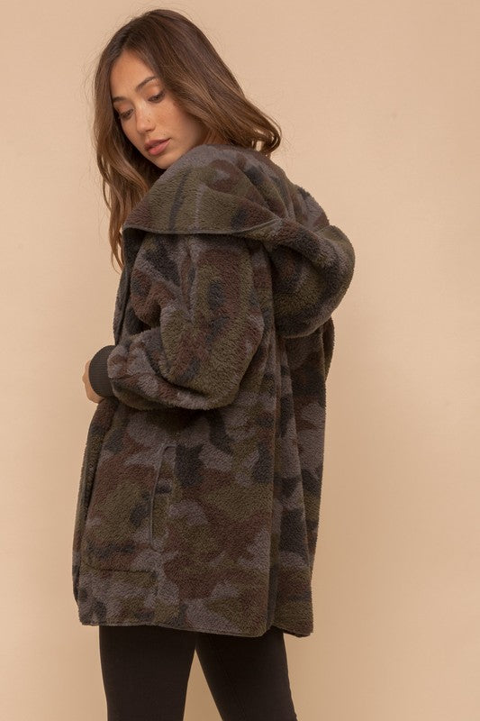 SO SOFT CAMO PRINT FUR OPEN SHERPA JACKET
