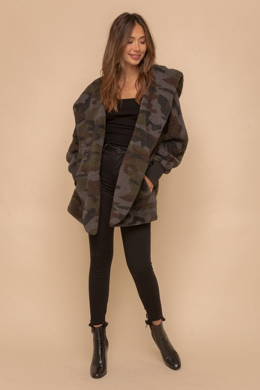 SO SOFT CAMO PRINT FUR OPEN SHERPA JACKET