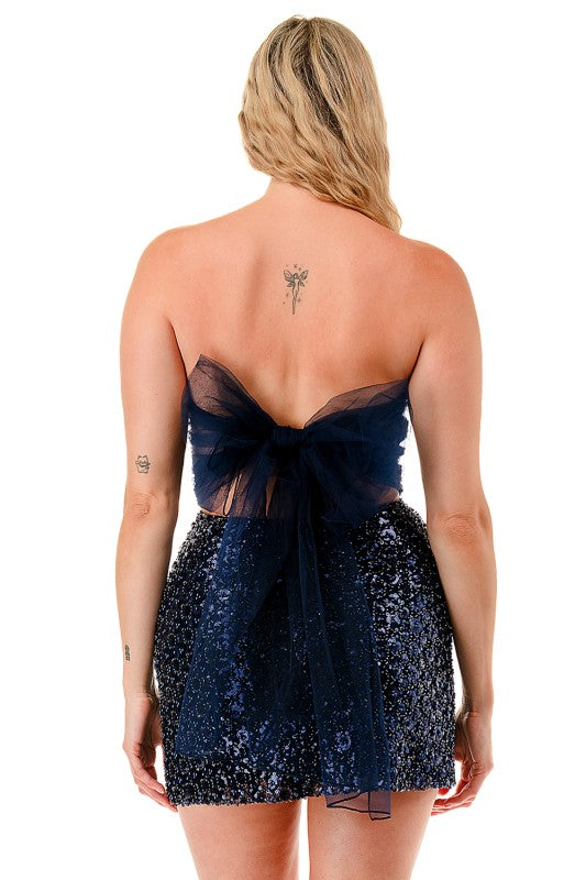 BEADED SEQUIN STRAPLESS DRESS WITH BOW BACK