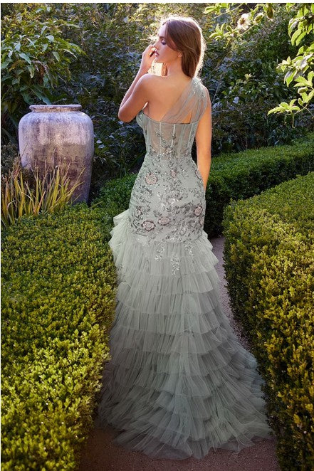 ONE SHOULDER EMBELLISHED LAYERED TULLE MERMAID GOWN