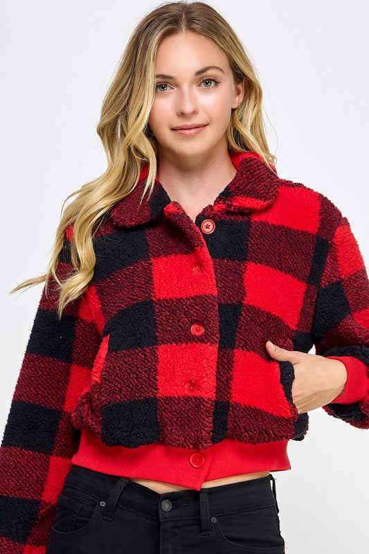 PLAID SHERPA CROPPED ZIP-UP JACKET