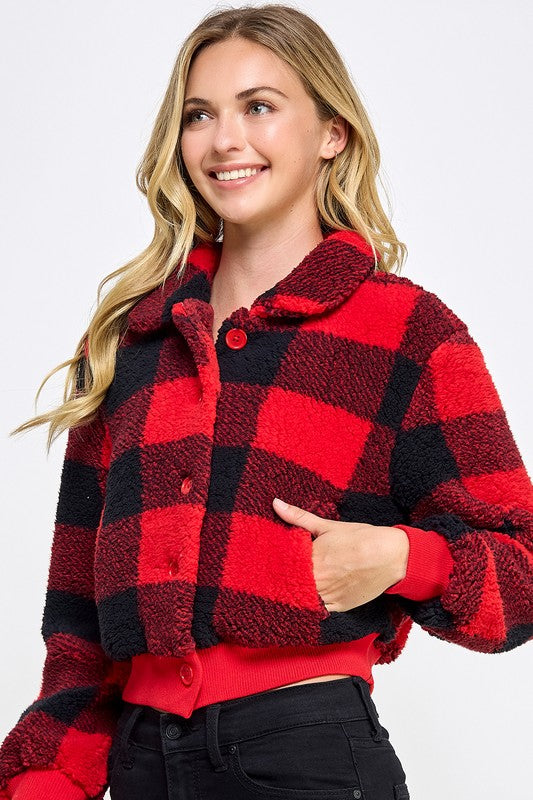 PLAID SHERPA CROPPED ZIP-UP JACKET