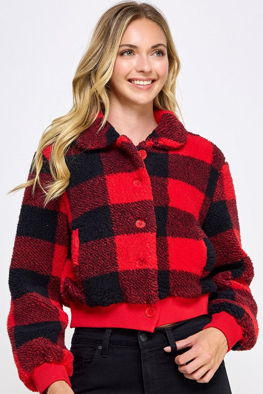 PLAID SHERPA CROPPED ZIP-UP JACKET