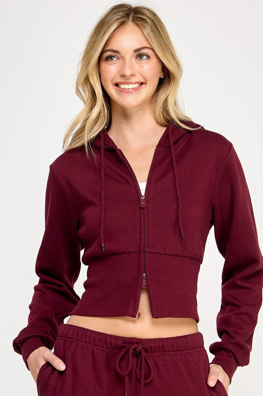 FLEECE RELAX FIT CROPPED TWO WAY ZIP UP HOODIE