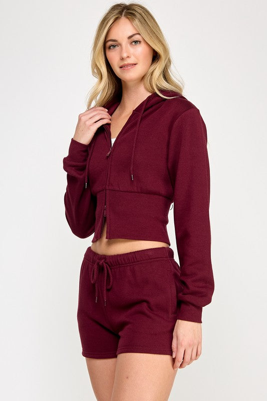 FLEECE RELAX FIT CROPPED TWO WAY ZIP UP HOODIE