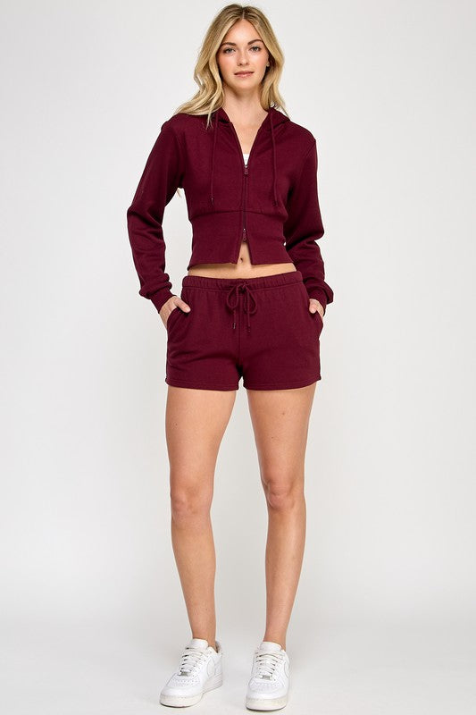 FLEECE RELAX FIT CROPPED TWO WAY ZIP UP HOODIE