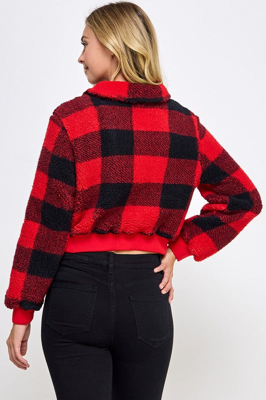PLAID SHERPA CROPPED ZIP-UP JACKET