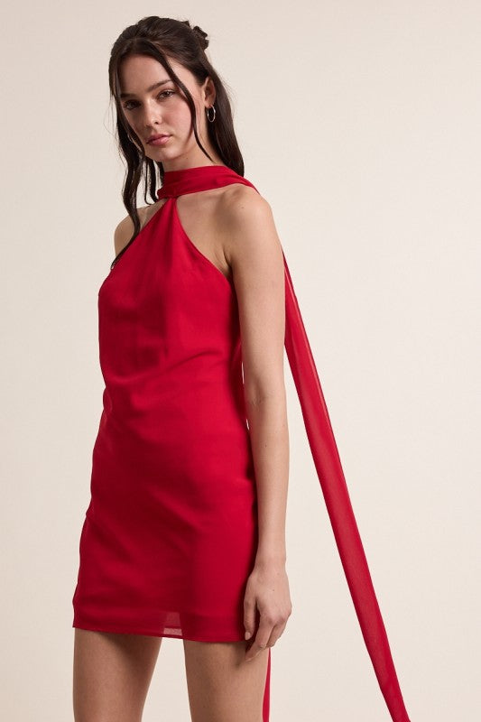 SATIN SCARF NECK MINI DRESS
