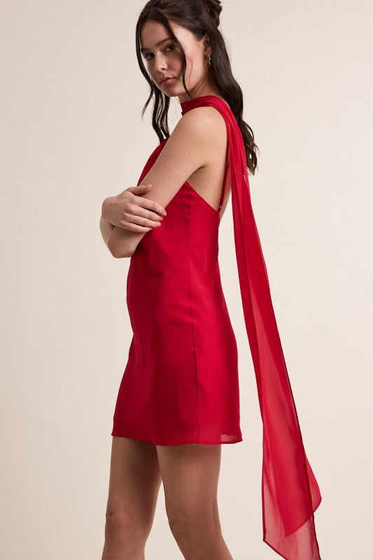 SATIN SCARF NECK MINI DRESS