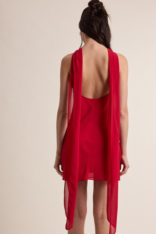 SATIN SCARF NECK MINI DRESS