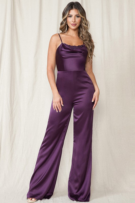 LACE SEQUIN TRIMMED DETAIL SATIN JUMPSUIT