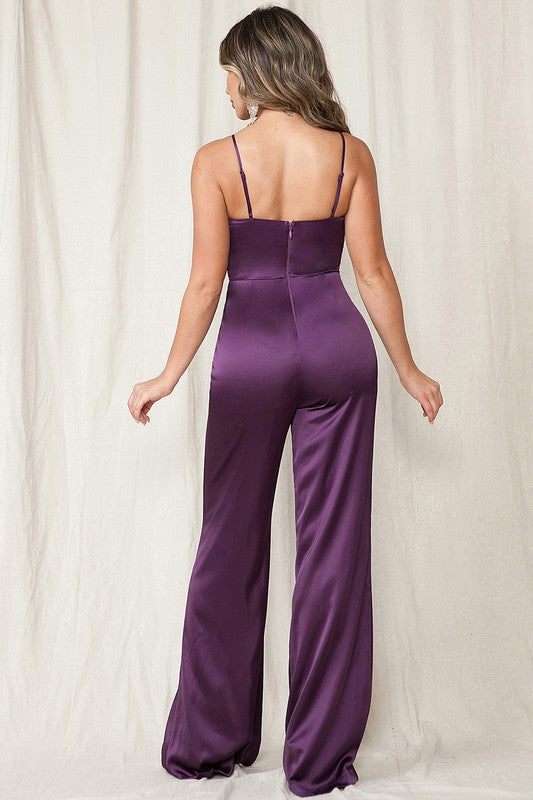 LACE SEQUIN TRIMMED DETAIL SATIN JUMPSUIT