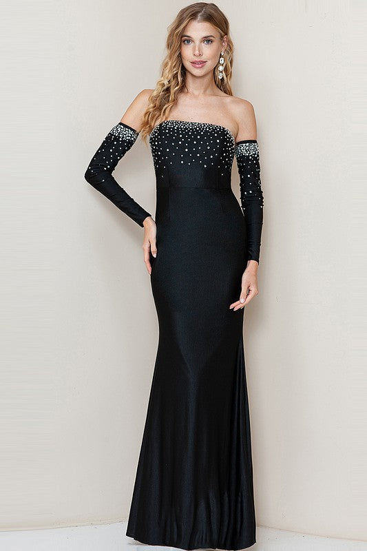 SPARKLING RHINESTONE DETACHABLE SLEEVES MAXI DRESS