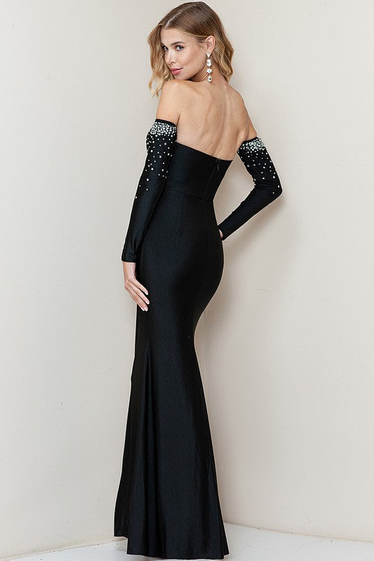 SPARKLING RHINESTONE DETACHABLE SLEEVES MAXI DRESS