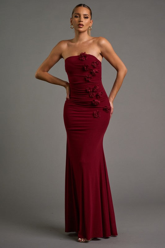 LUXE MESH 3D FLOWER ROSETTES DETAIL FRONT EMPIRE TUBE FIT & FLARE MAXI DRESS